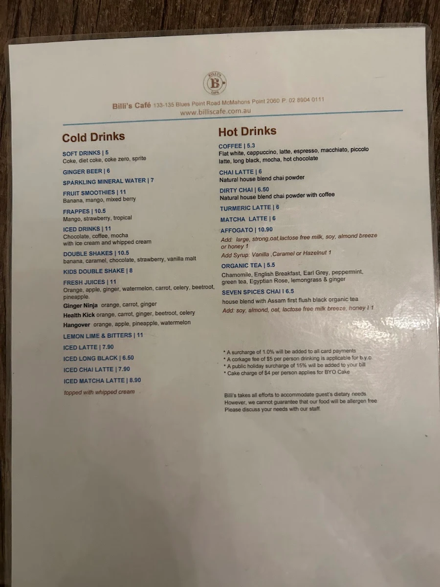 Menu, Billi's Cafe & Restaurant