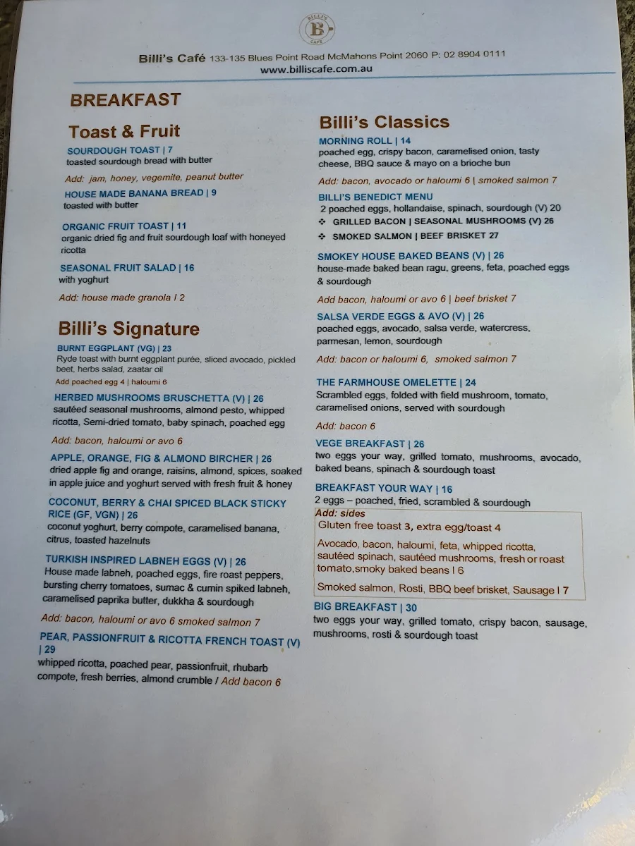 Menu, Billi's Cafe & Restaurant
