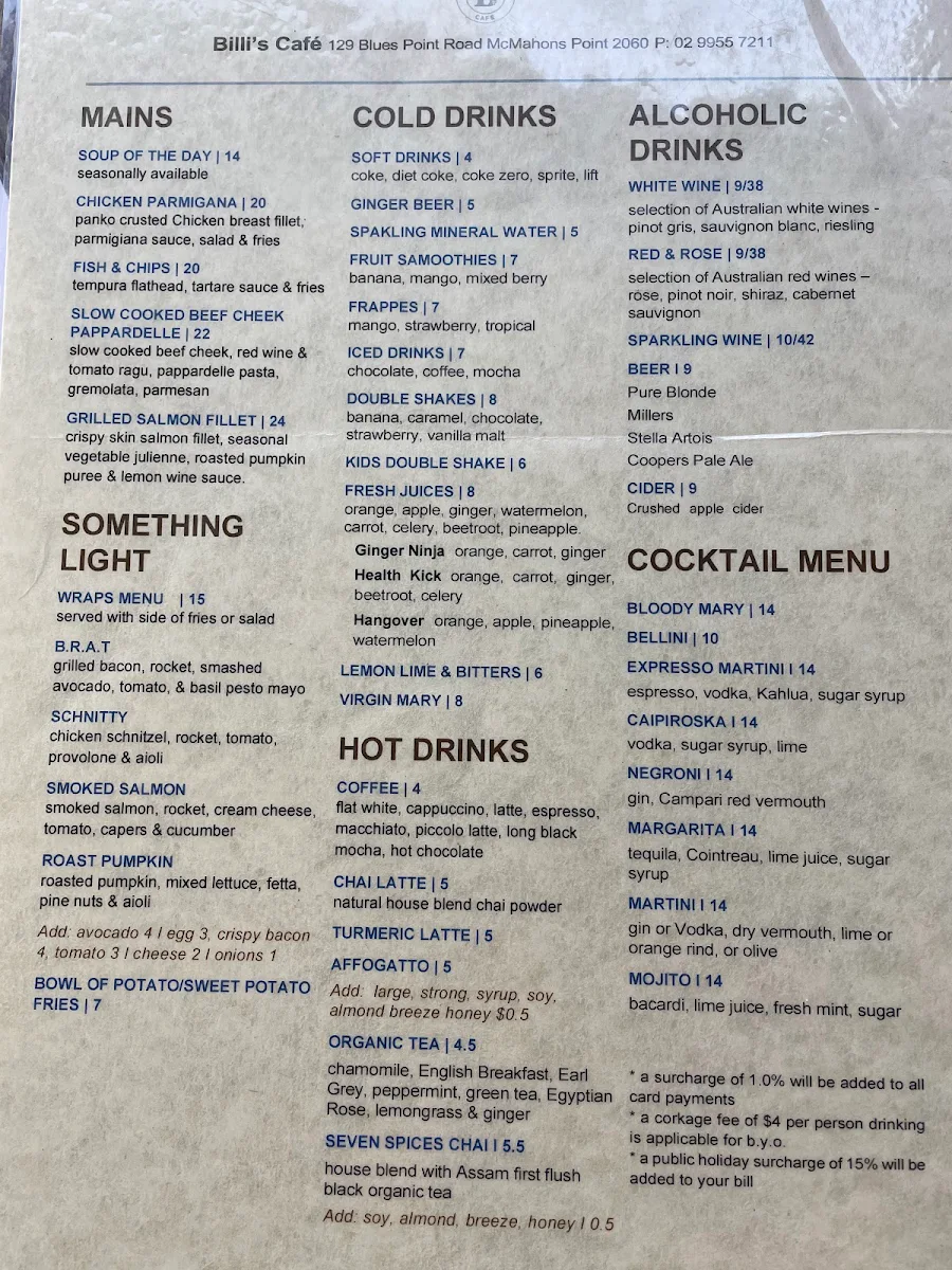 Menu, Billi's Cafe & Restaurant