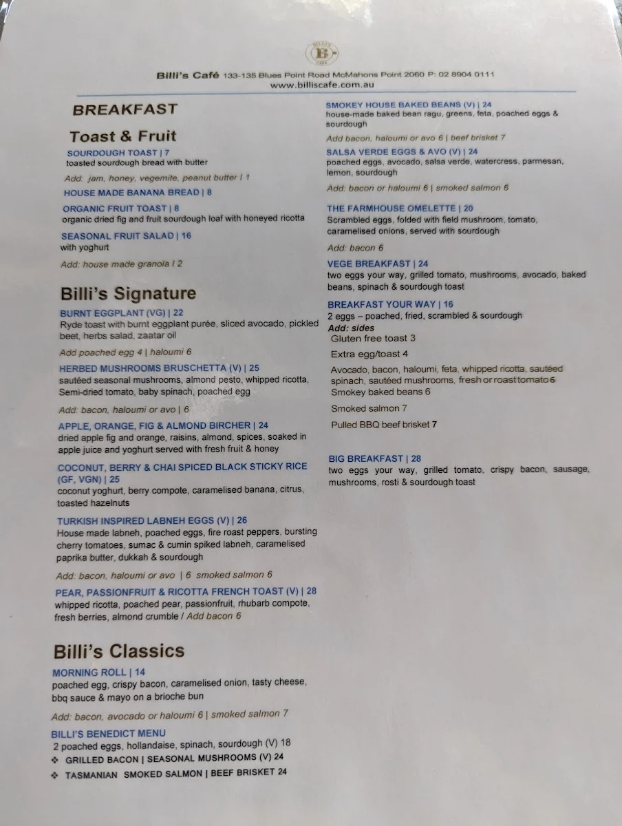 Menu, Billi's Cafe & Restaurant