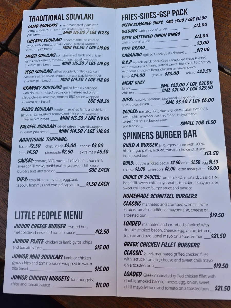 Menu, Spinner's Souvlaki Bar And Grill
