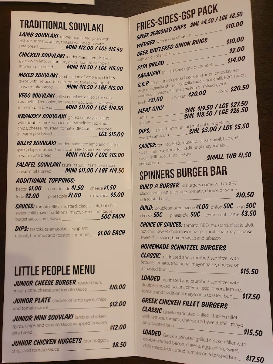 Menu, Spinner's Souvlaki Bar And Grill