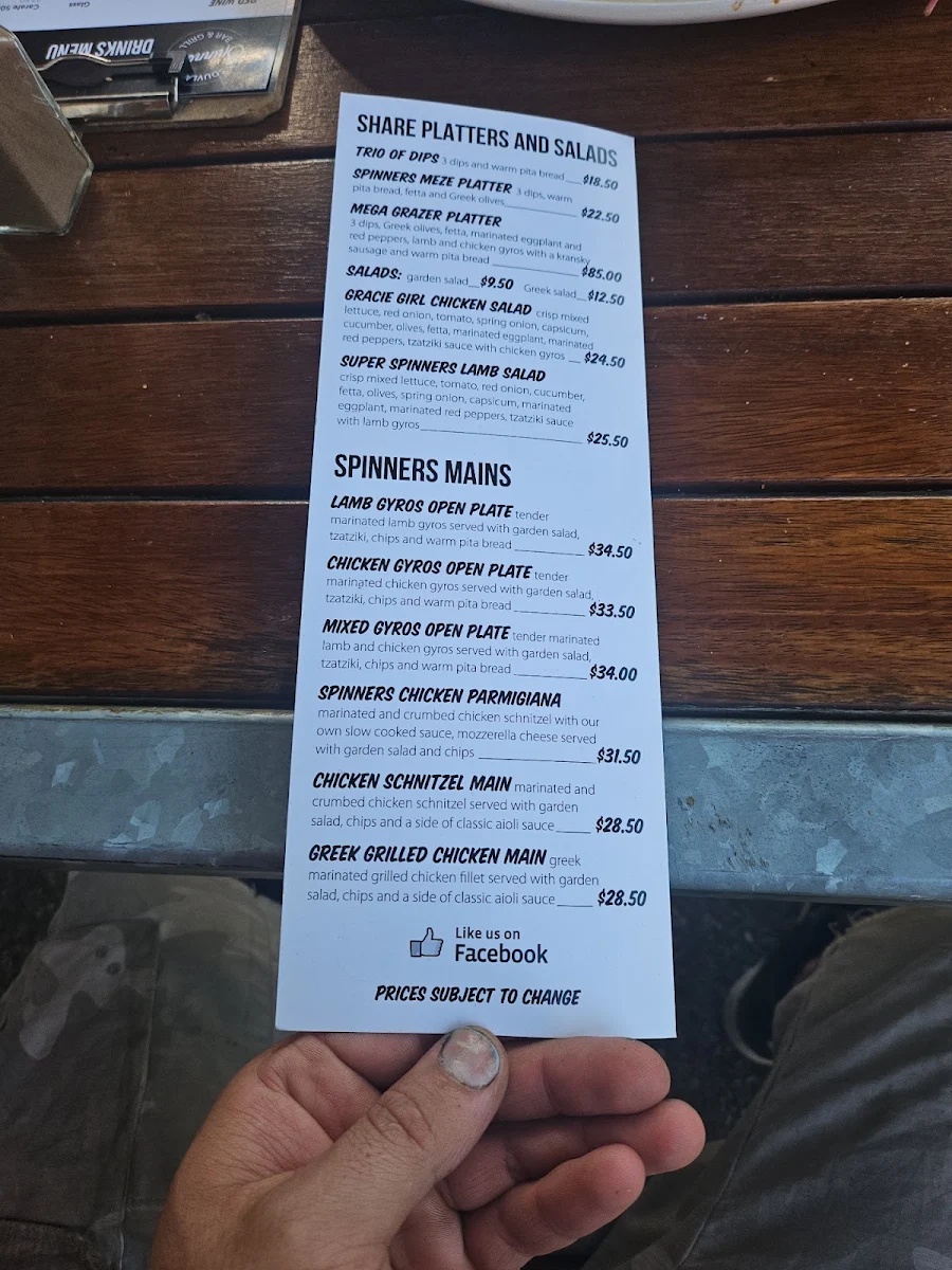 Menu, Spinner's Souvlaki Bar And Grill