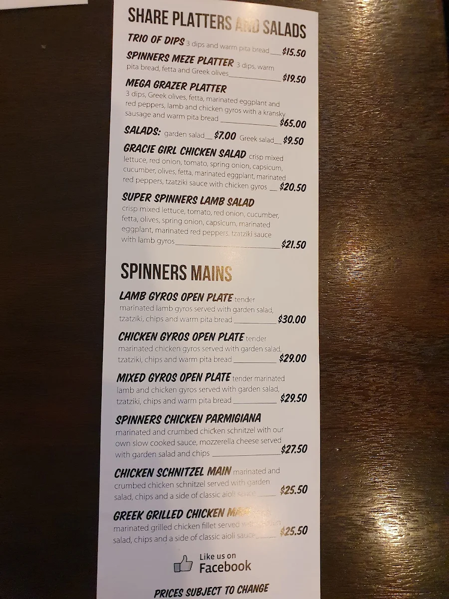 Menu, Spinner's Souvlaki Bar And Grill