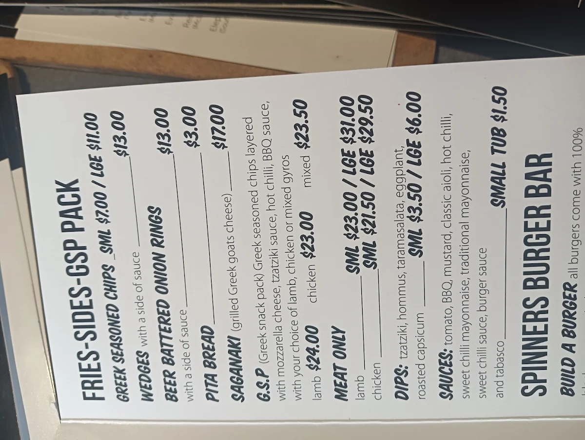 Menu, Spinner's Souvlaki Bar And Grill