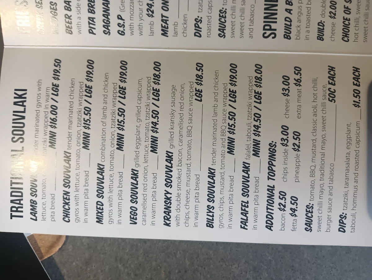 Menu, Spinner's Souvlaki Bar And Grill