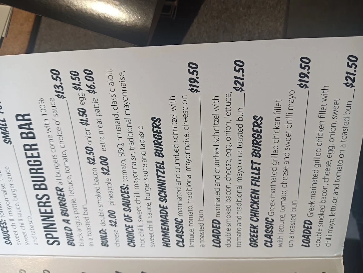 Menu, Spinner's Souvlaki Bar And Grill