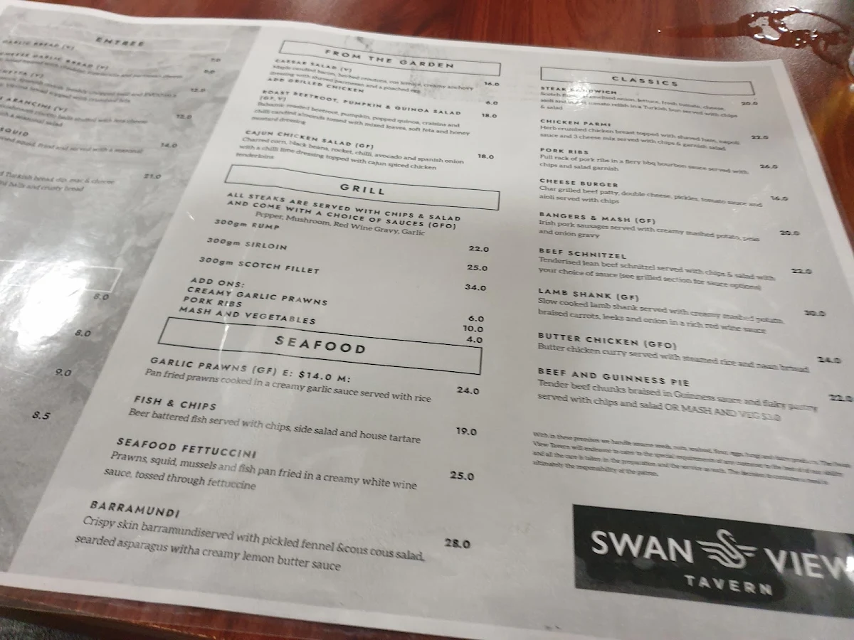 Menu, Swan View Tavern