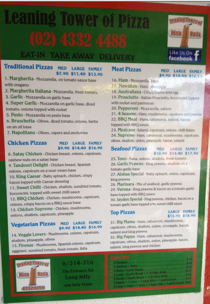 Menu, The Tower Of Pizza
