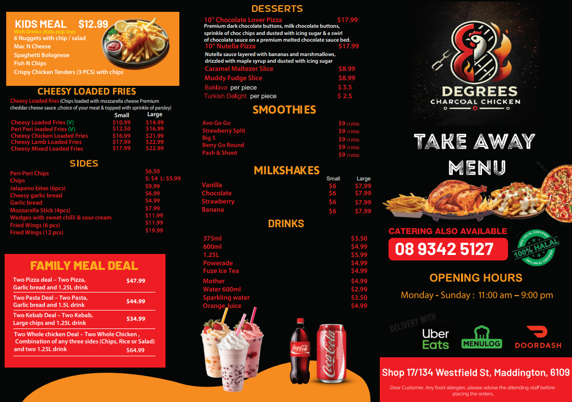 Menu, 8 Degrees Charcoal Chicken