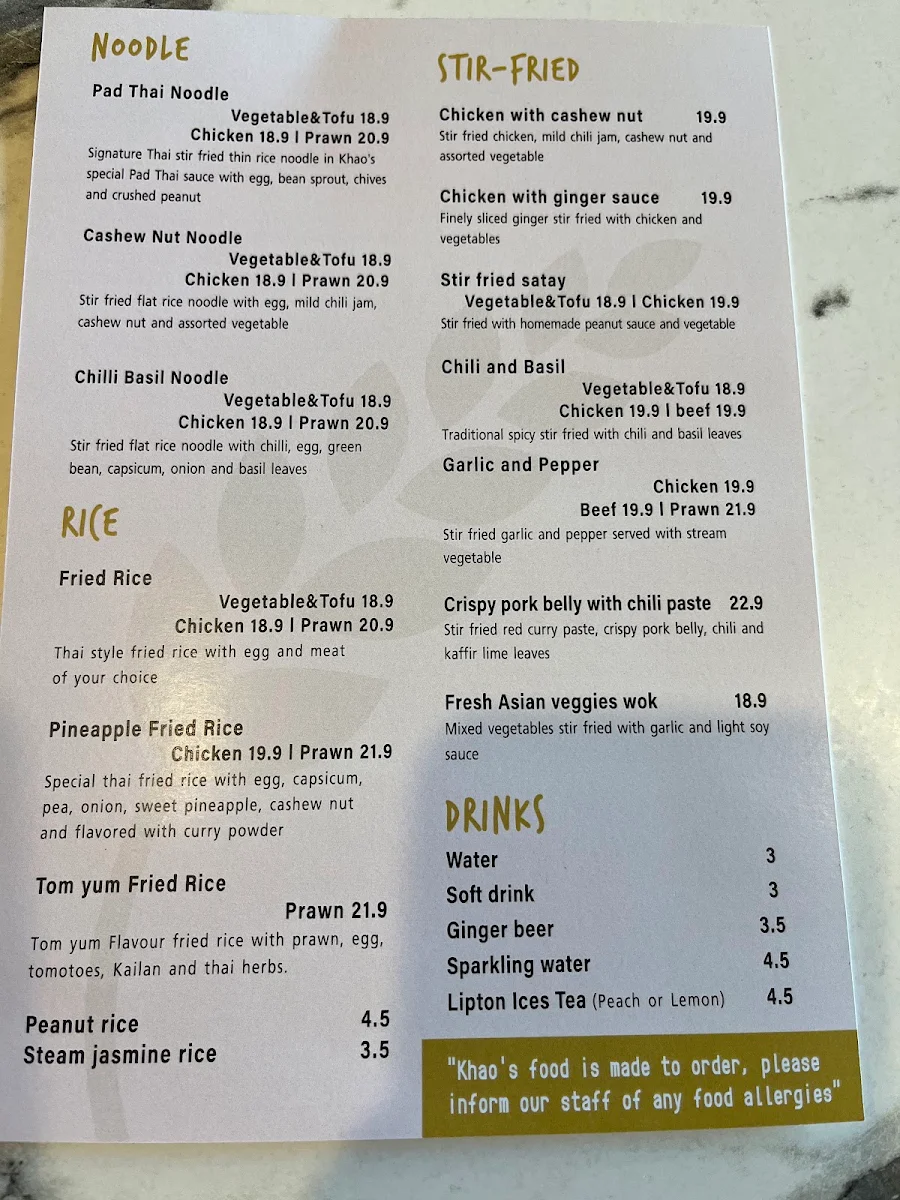 Menu, Khao Thai Cuisine