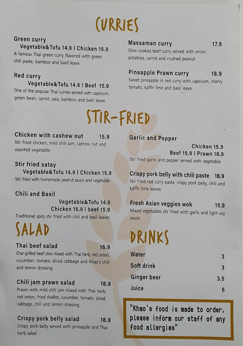 Menu, Khao Thai Cuisine