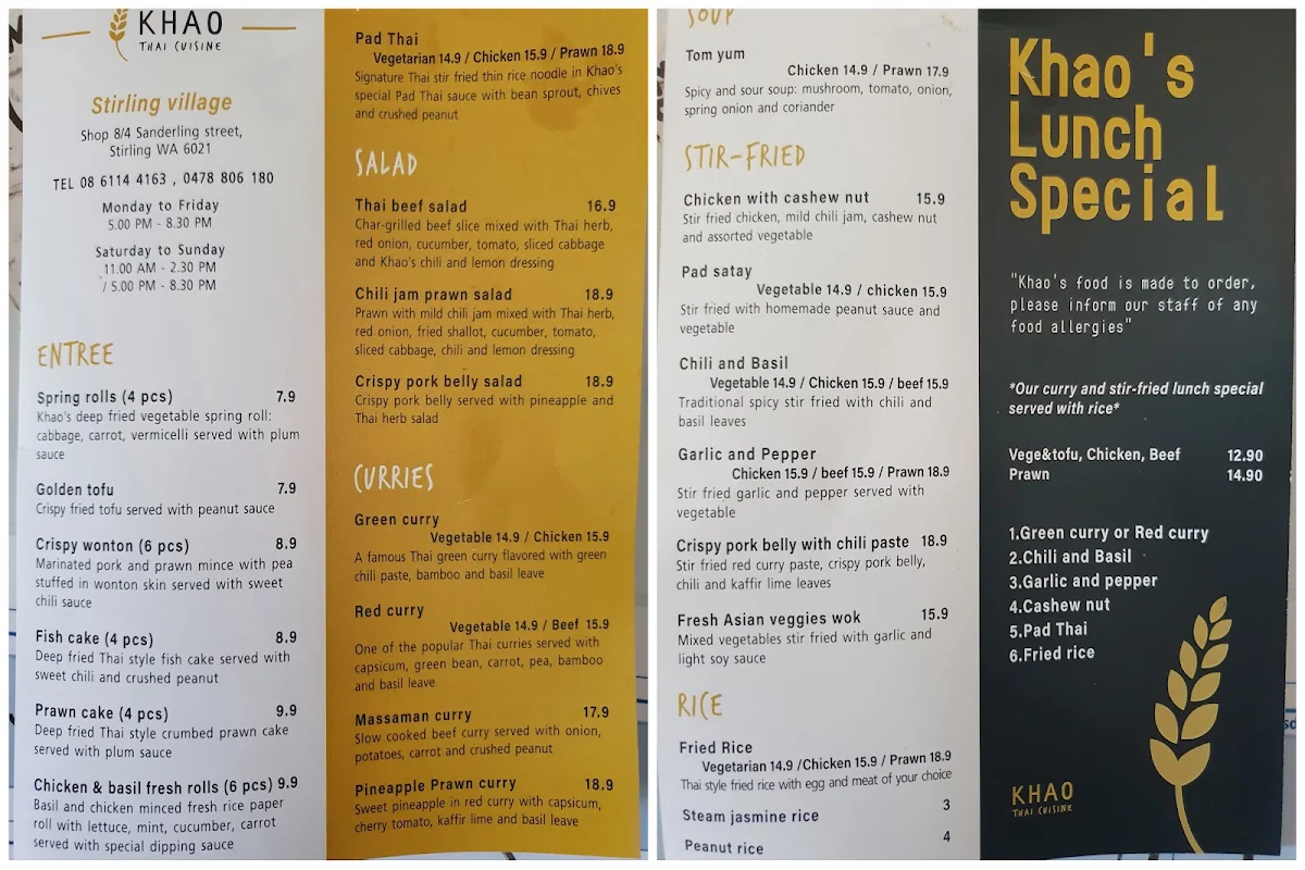 Menu, Khao Thai Cuisine