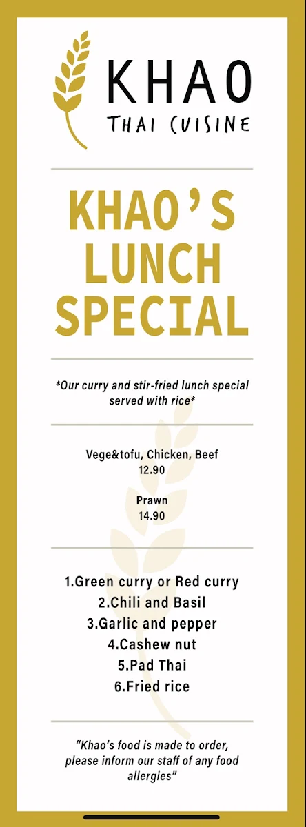 Menu, Khao Thai Cuisine