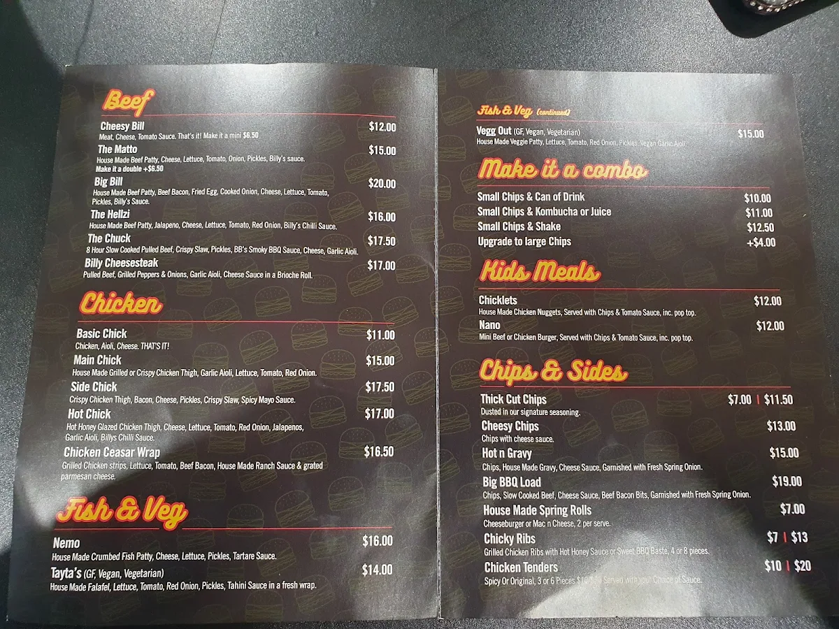 Menu, Billy’s Burgers