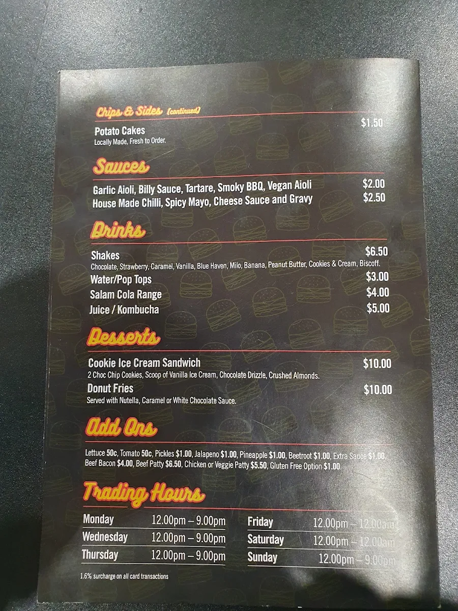Menu, Billy’s Burgers