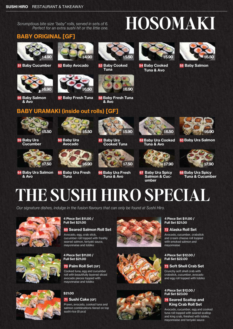 Menu, Sushi Hiro Narrabeen