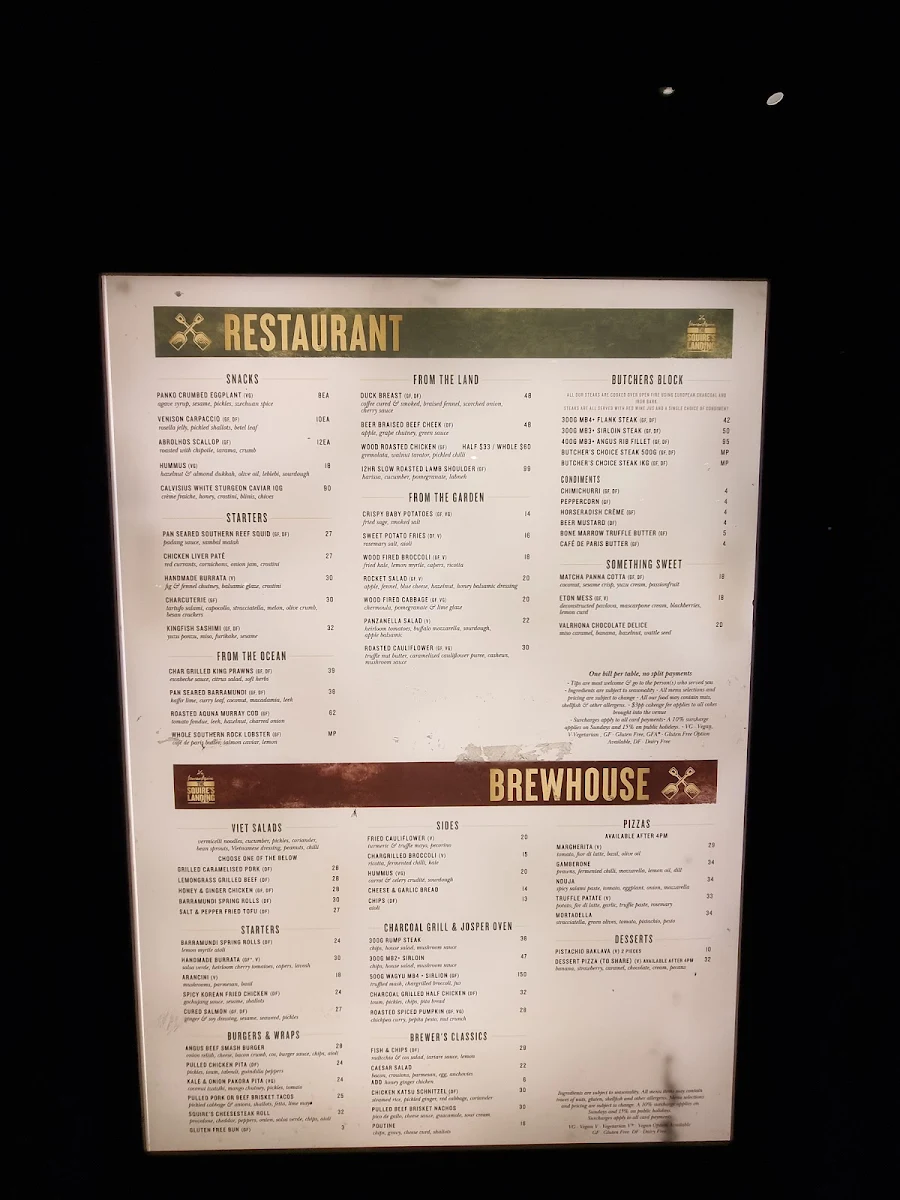 Menu, The Oriana Sydney