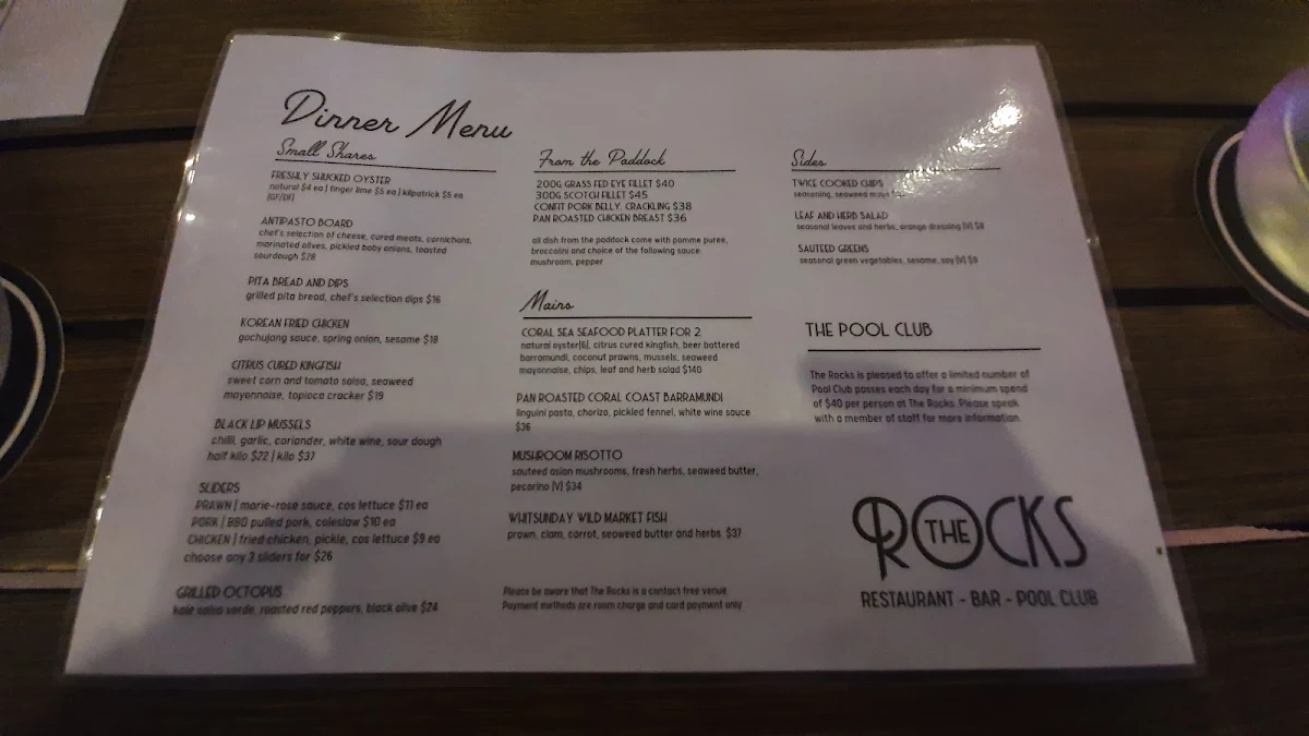 Menu, The Rocks Restaurant & Bar (Rebranded to Coral Sea Pavilion)