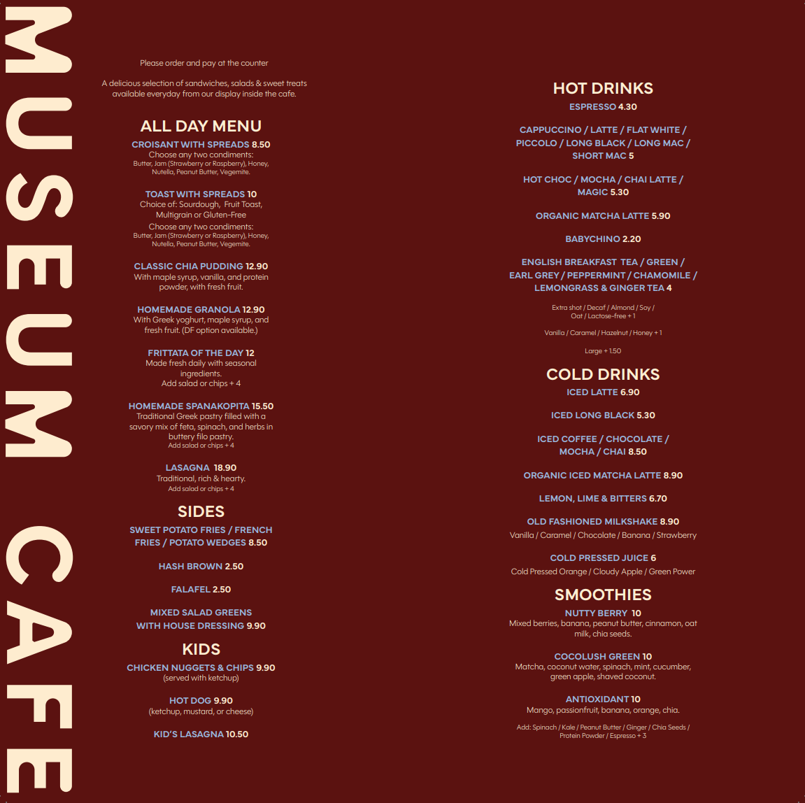 Menu, The Museum Cafe