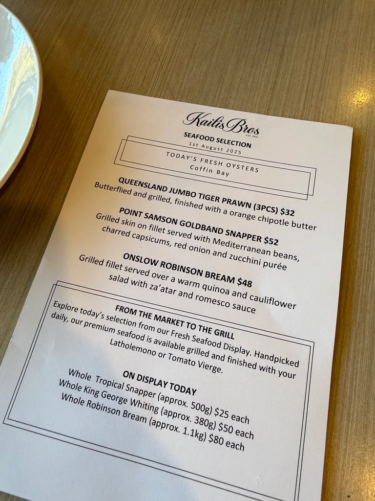 Menu, Kailis Bros Leederville