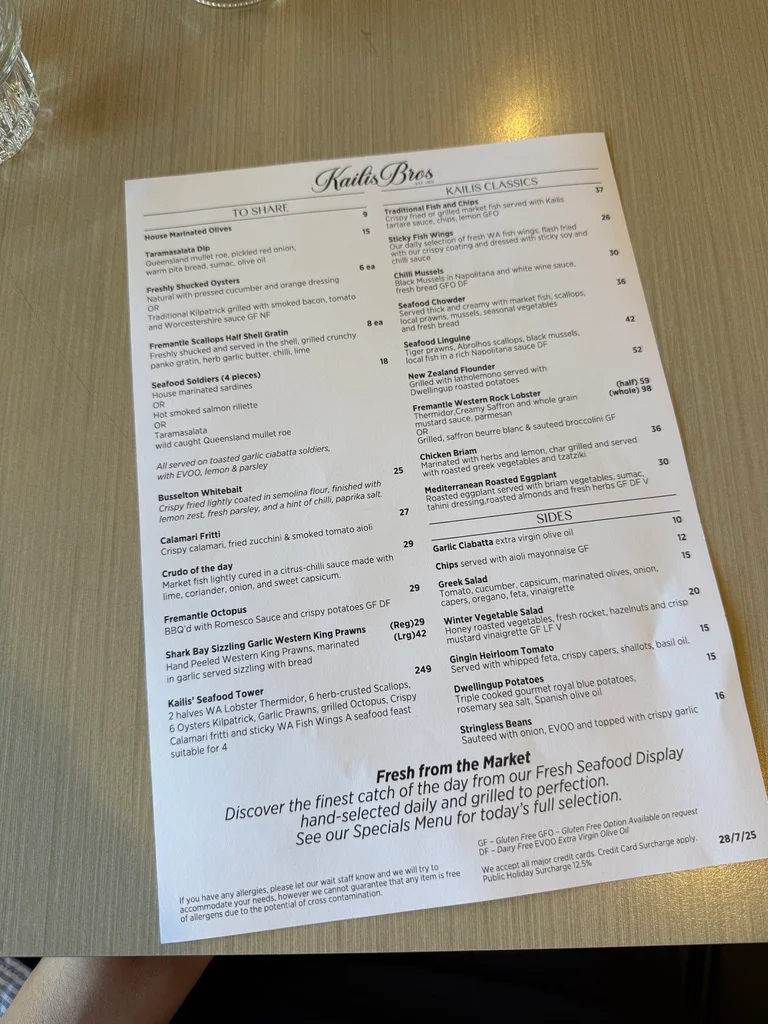 Menu, Kailis Bros Leederville