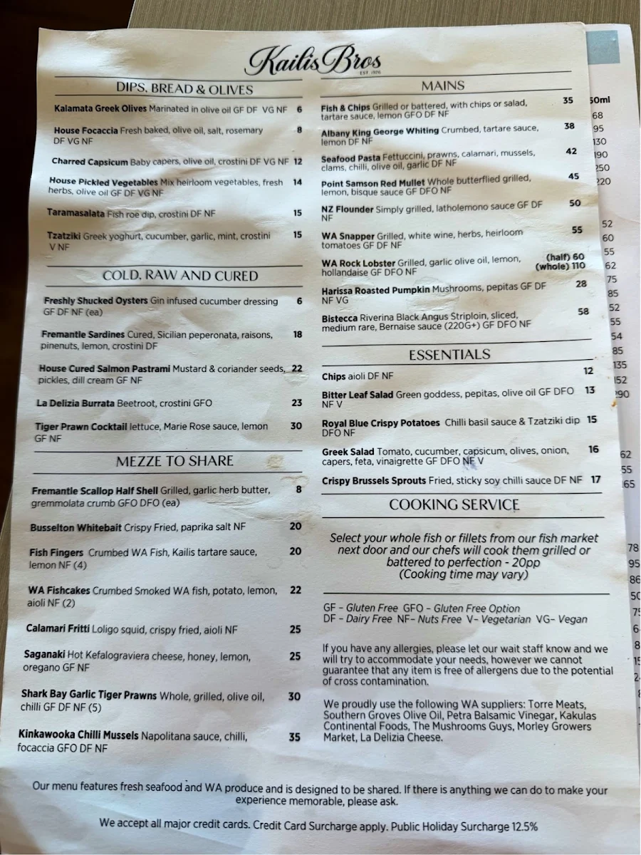 Menu, Kailis Bros Leederville