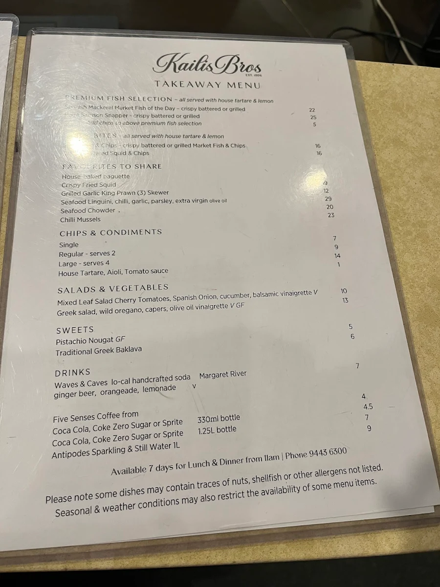 Menu, Kailis Bros Leederville