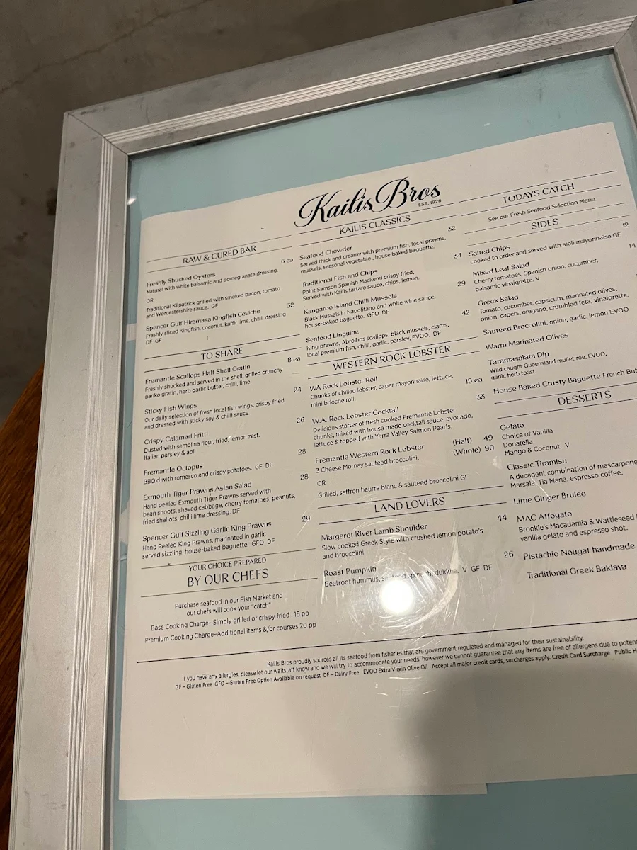 Menu, Kailis Bros Leederville