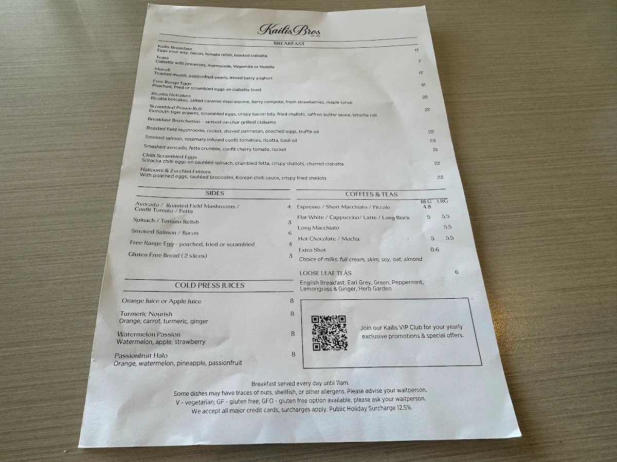 Menu, Kailis Bros Leederville