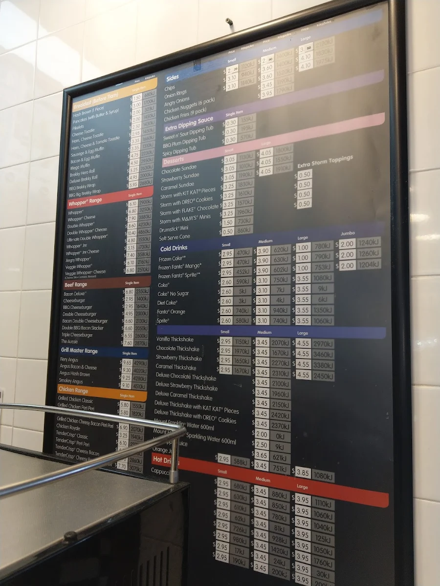 Menu, Hungry Jack's Burgers Warrnambool