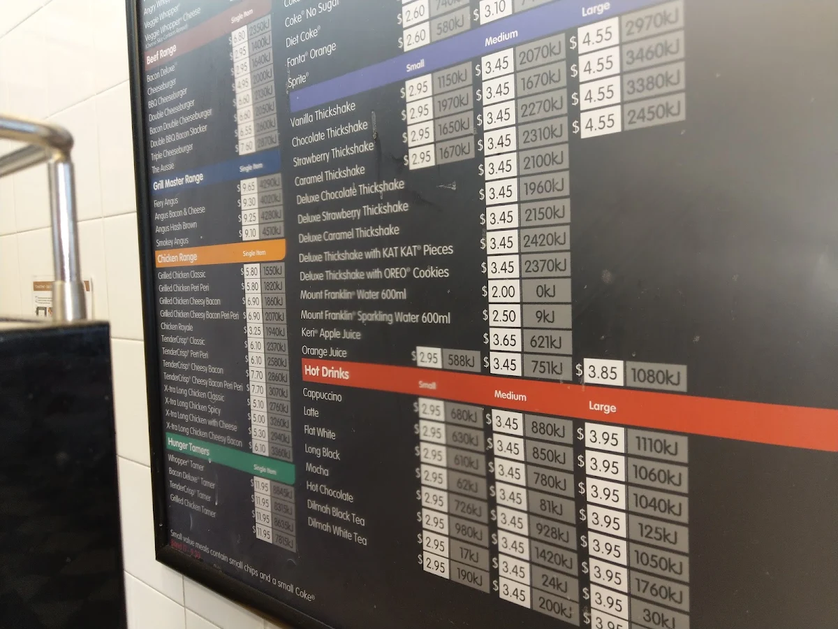 Menu, Hungry Jack's Burgers Warrnambool