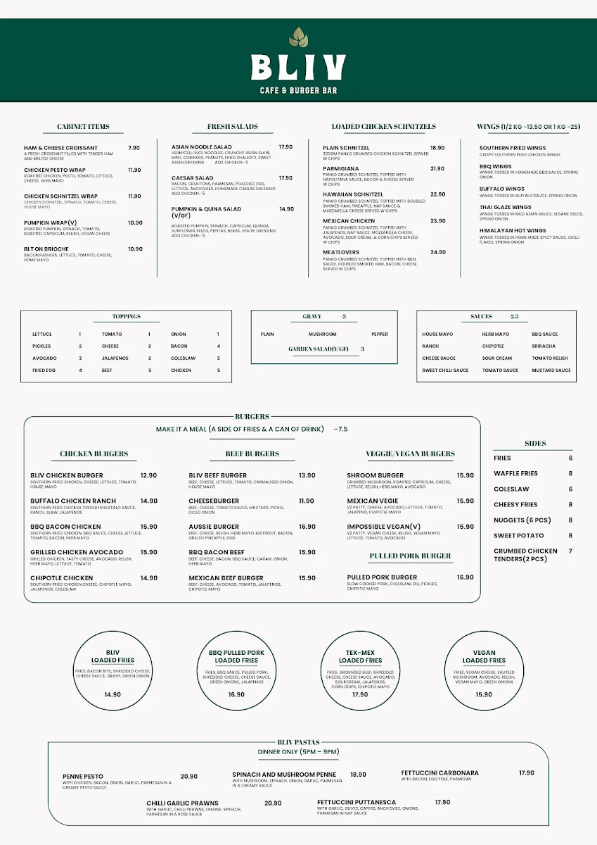 Menu, BLIV Cafe & Burger Bar