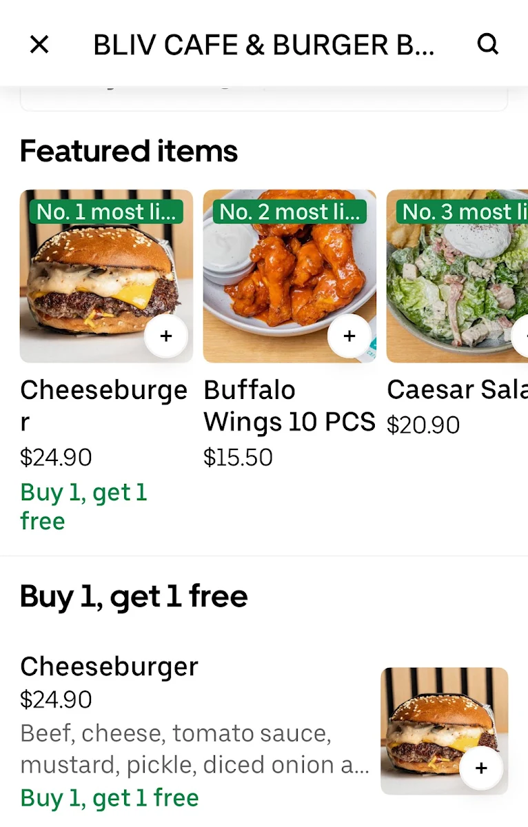 Menu, BLIV Cafe & Burger Bar