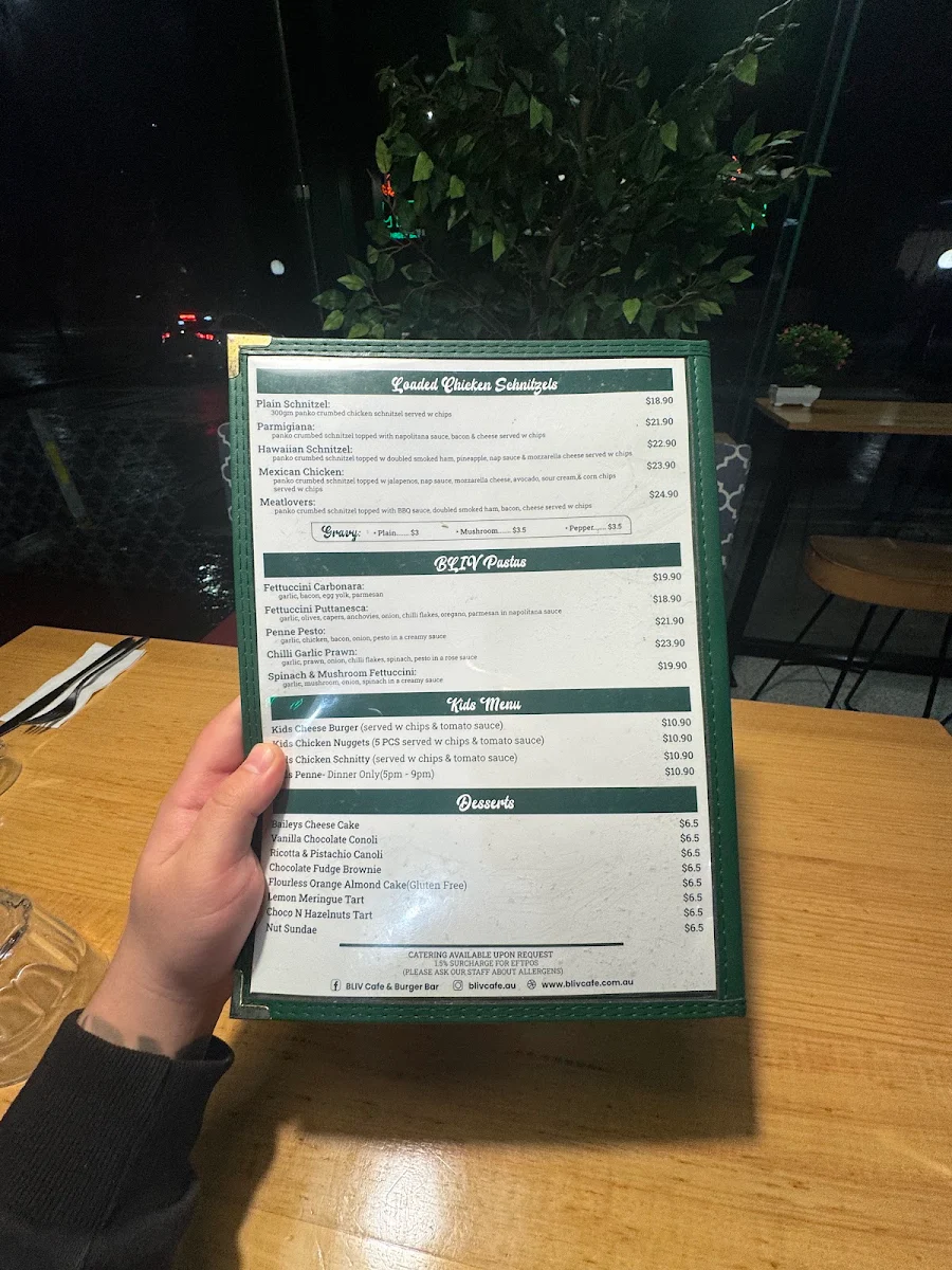 Menu, BLIV Cafe & Burger Bar