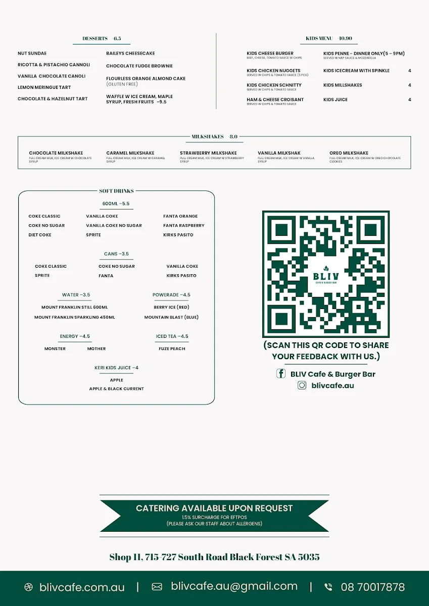Menu, BLIV Cafe & Burger Bar