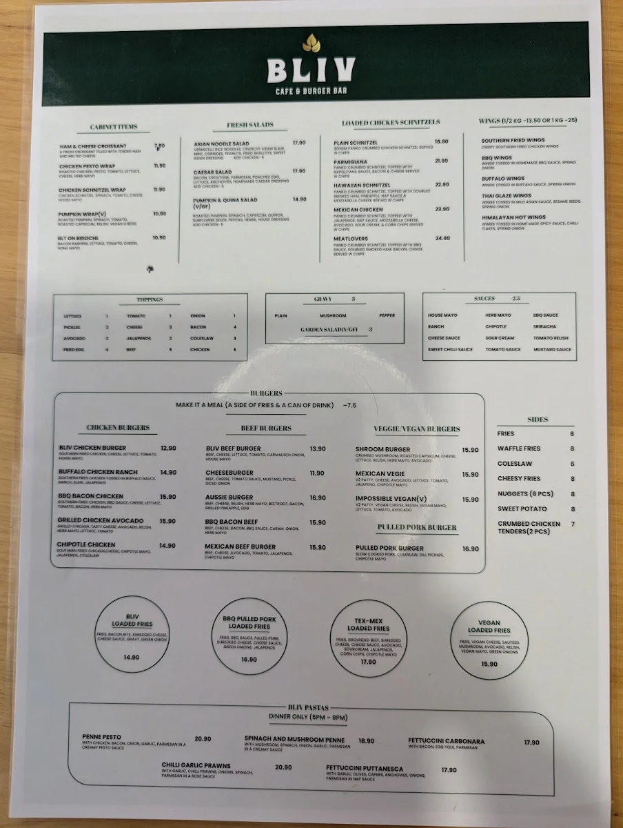 Menu, BLIV Cafe & Burger Bar