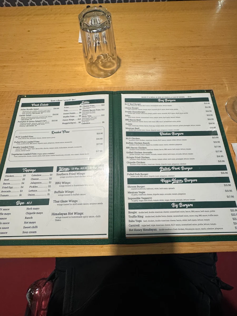 Menu, BLIV Cafe & Burger Bar