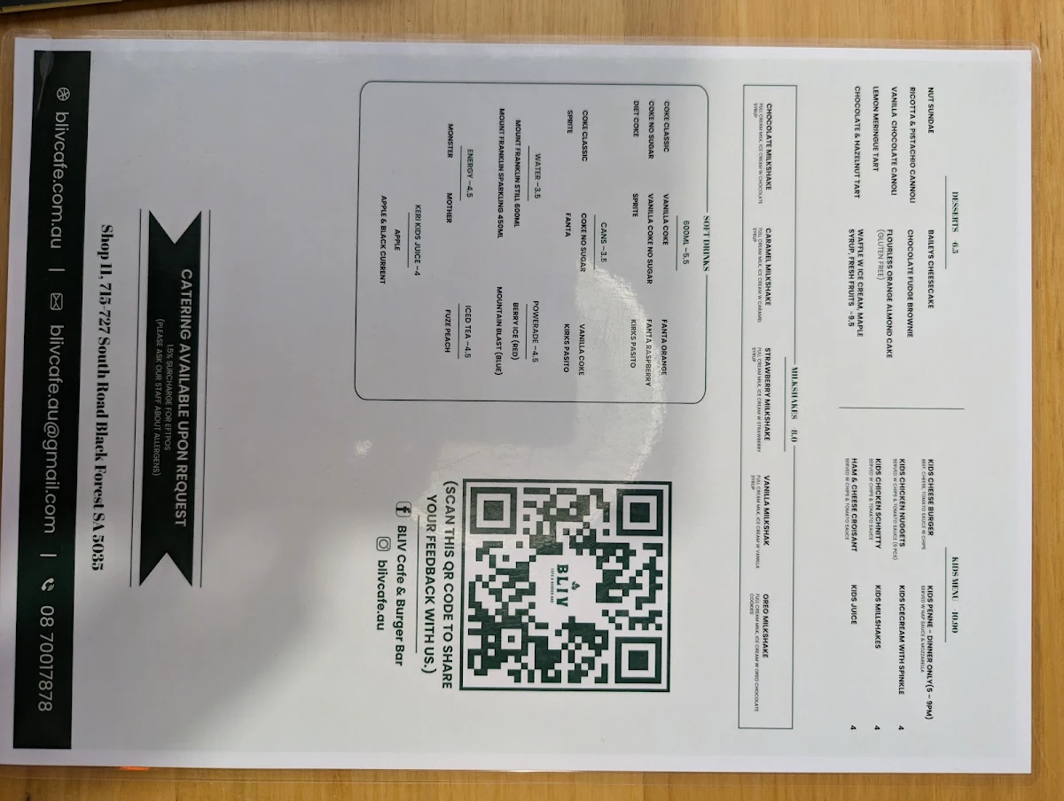 Menu, BLIV Cafe & Burger Bar