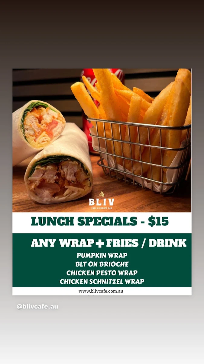 Menu, BLIV Cafe & Burger Bar