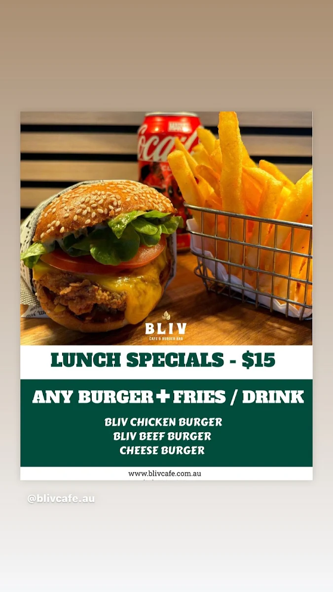 Menu, BLIV Cafe & Burger Bar