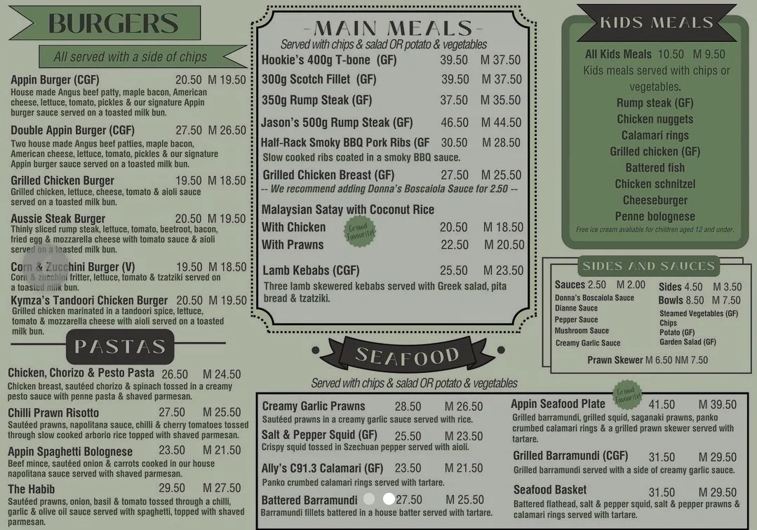 Menu, Appin Hotel