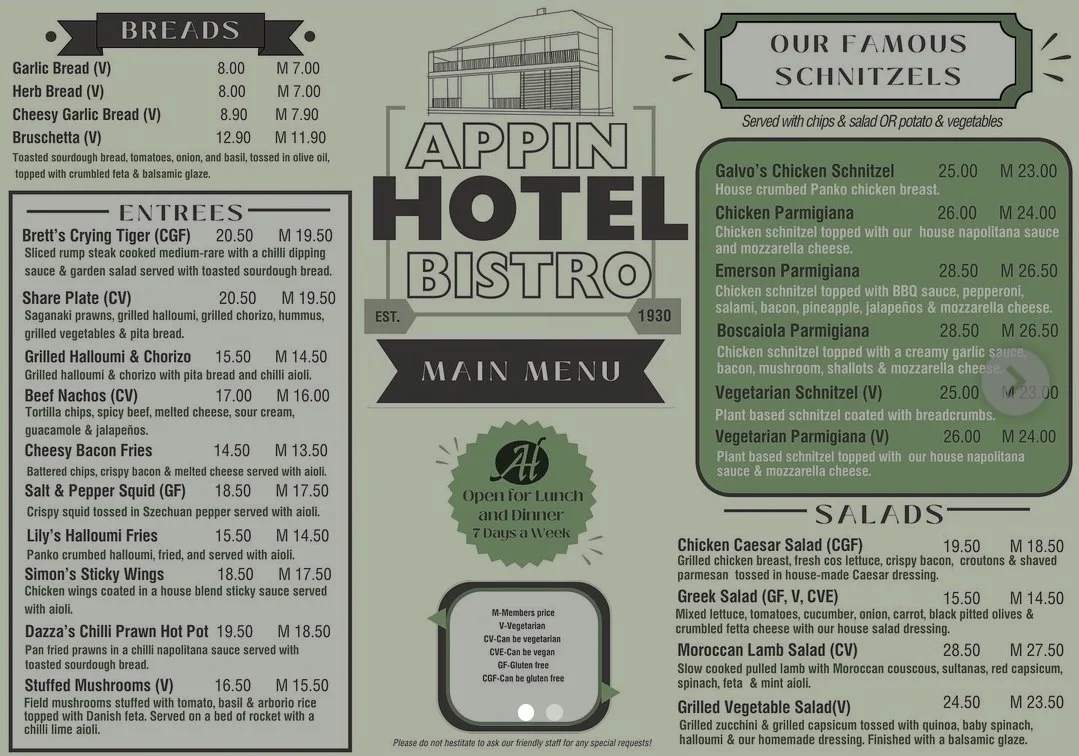 Menu, Appin Hotel