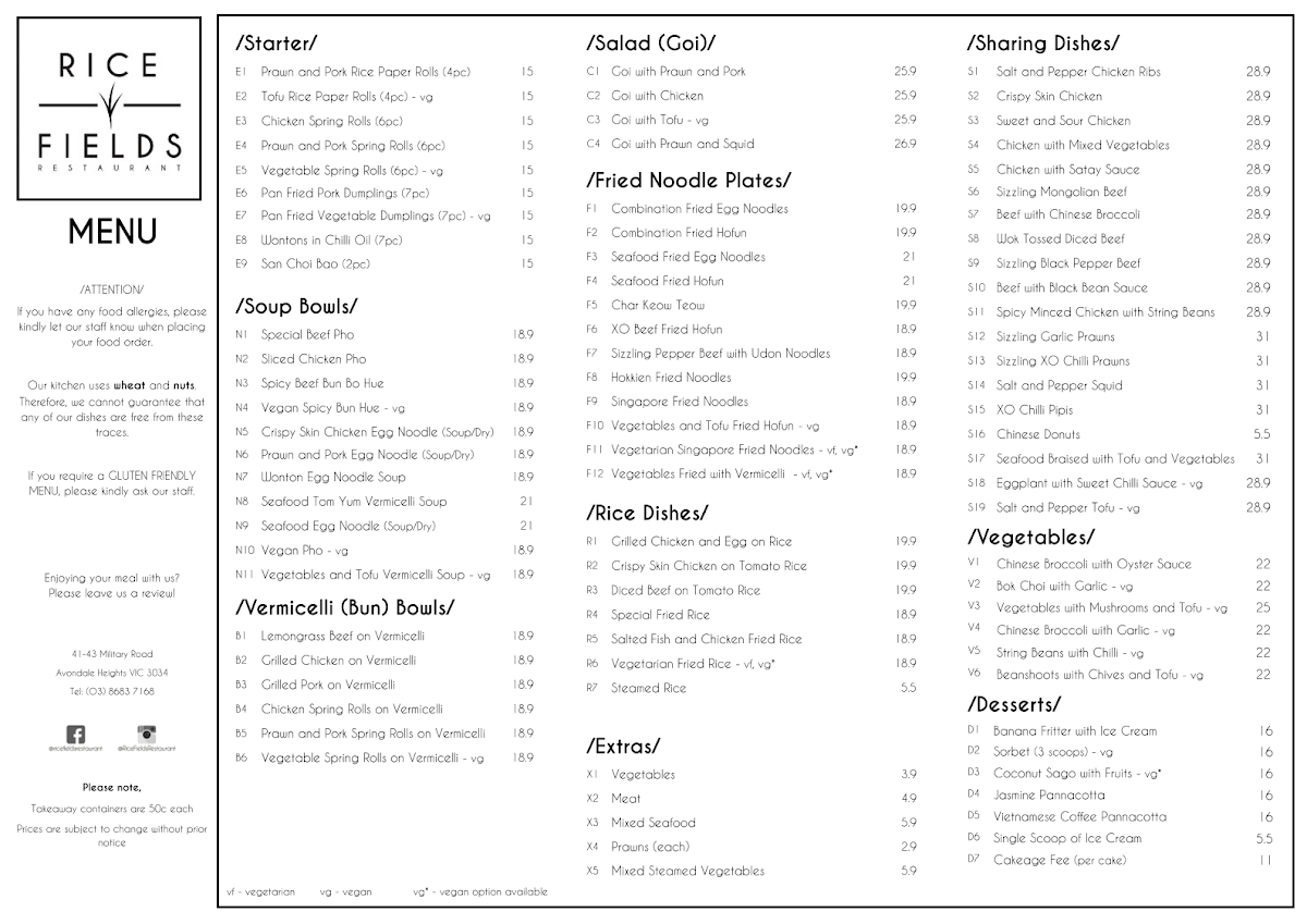 Menu, Rice Fields Restaurant