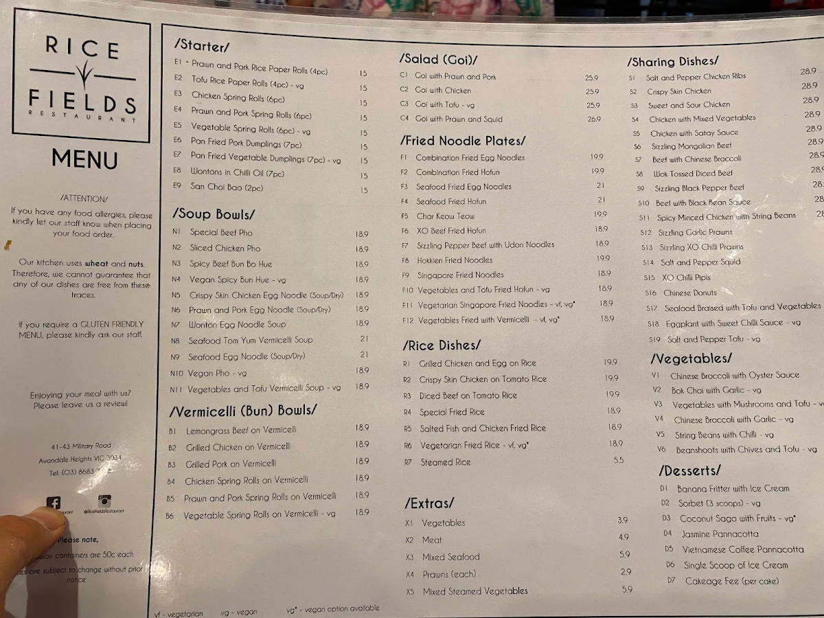Menu, Rice Fields Restaurant