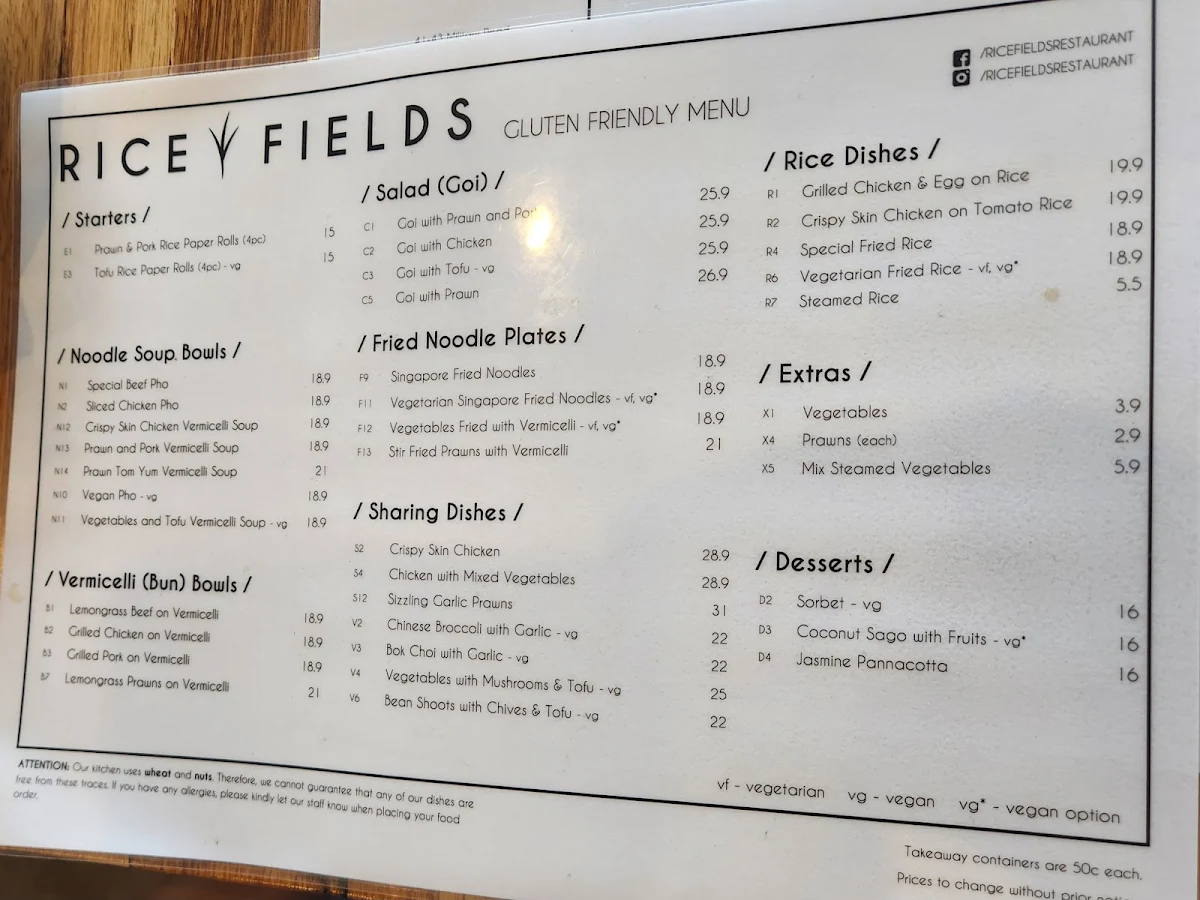 Menu, Rice Fields Restaurant