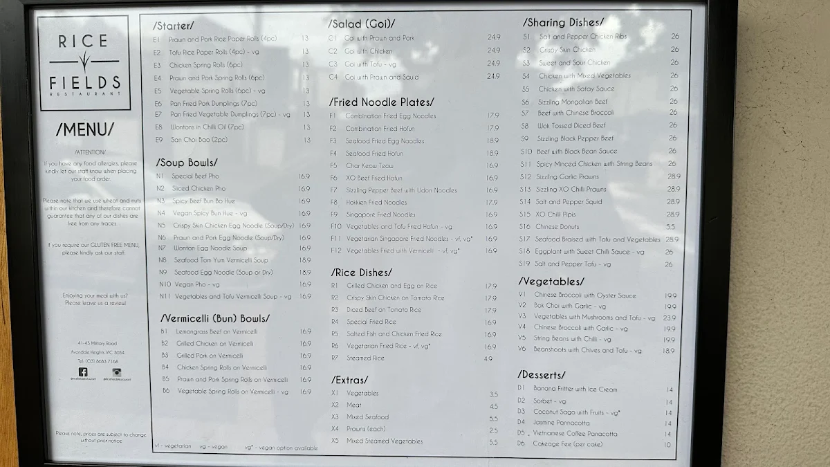 Menu, Rice Fields Restaurant