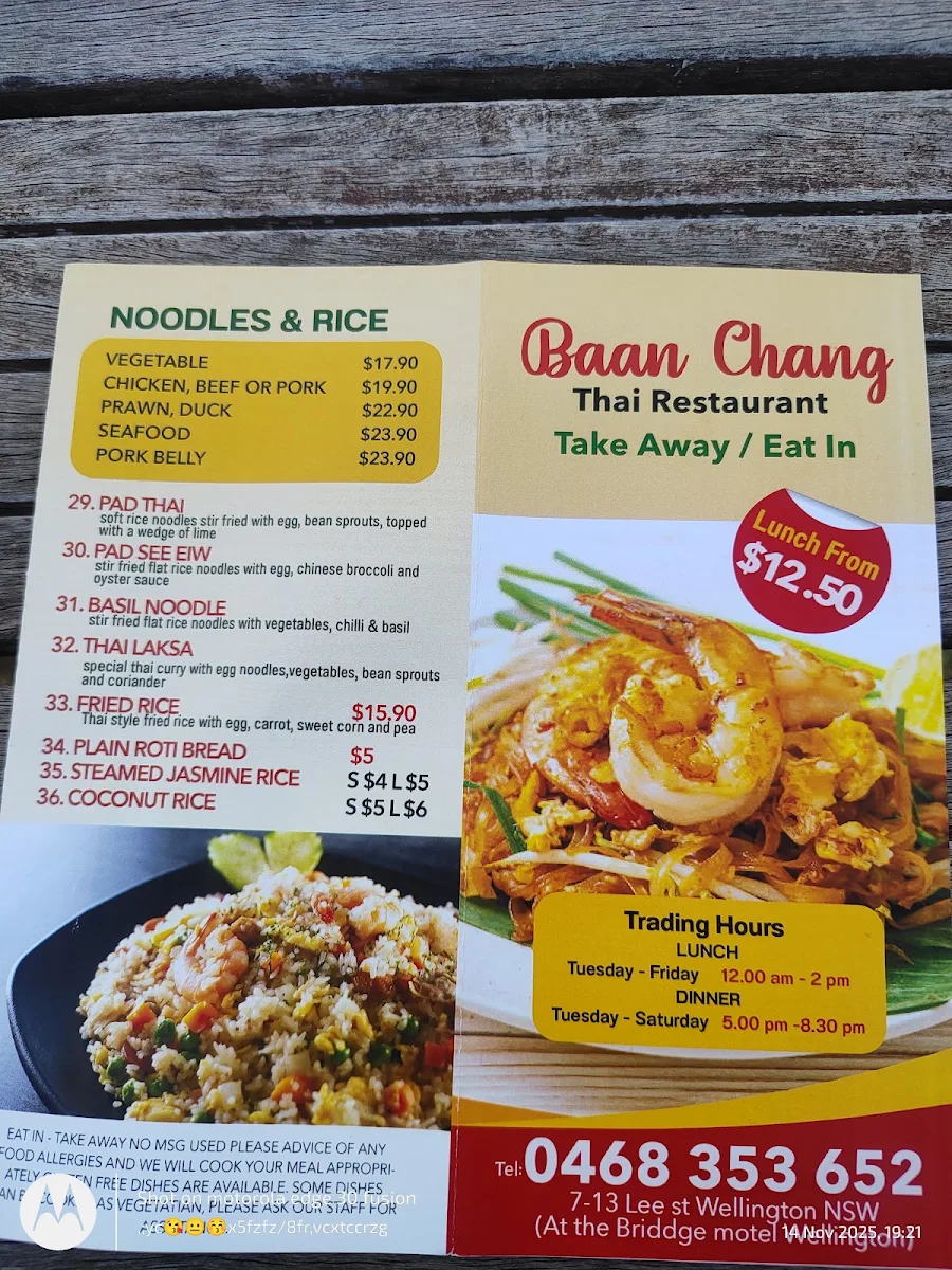 Menu, Baan Chang Thai Restaurant