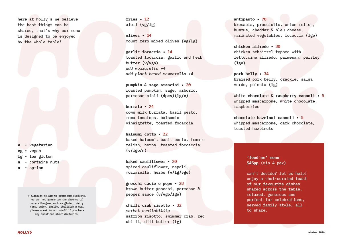 Menu, Holly's Bar & Kitchen