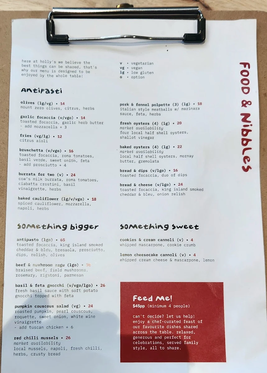 Menu, Holly's Bar & Kitchen